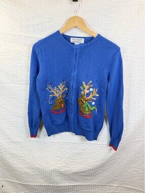 Heirloom Collectibles Christmas Collectables Cardigan Rudolf Size Medium Blue